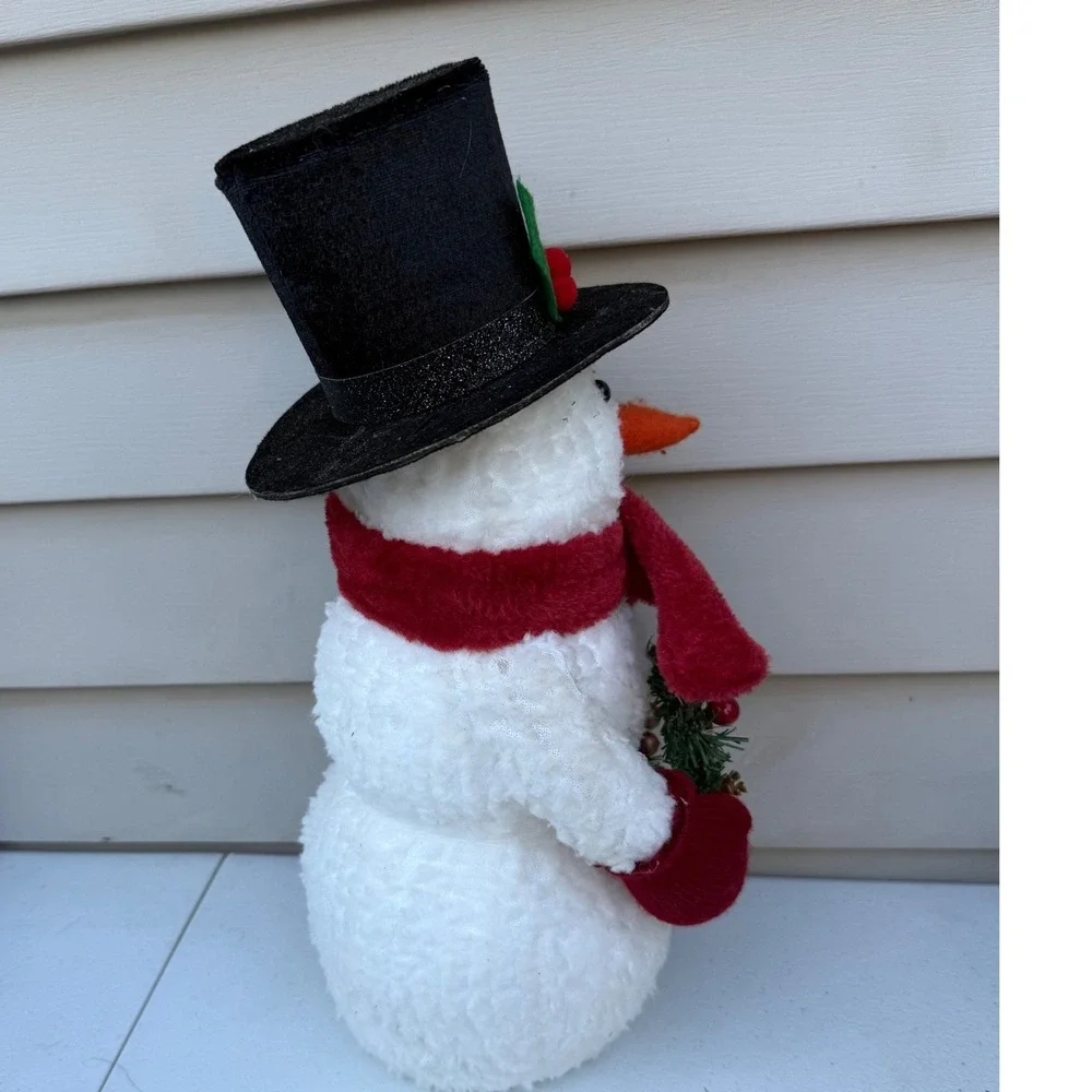 Christmas Snowman Figurine 16 Inch Holiday Decor Wreath Top Hat Red Scarf